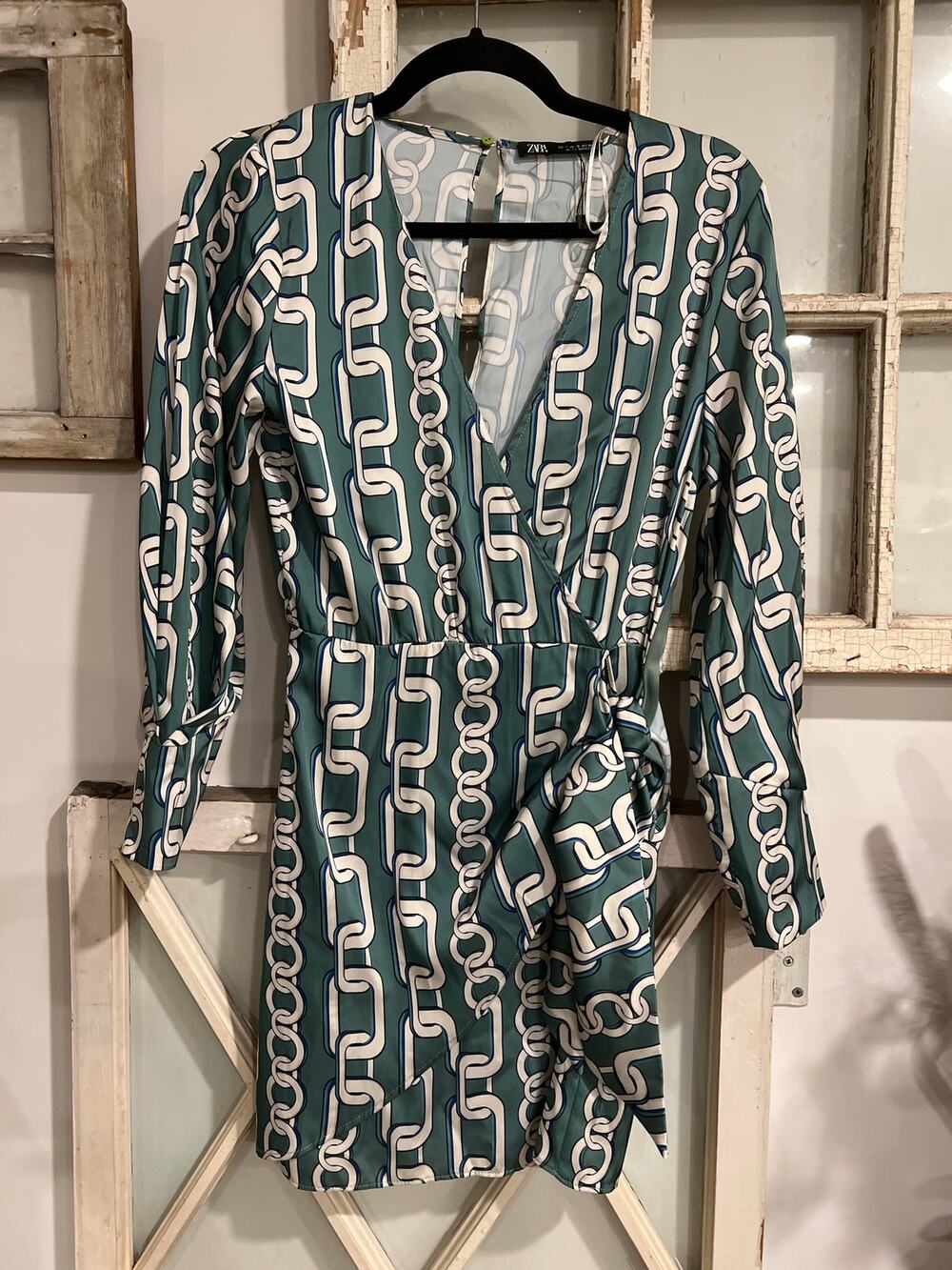 NWOT Zara size XS green blue and white faux wrap dress